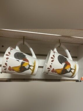 White Ceramic Rooster Mug with Multicolor Farmhouse Artwork